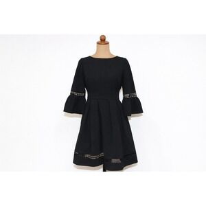 Eliza J Fit and Flare Dress Womens 4P Black EUC Bell Sleeve Ladder Lace Cocktail